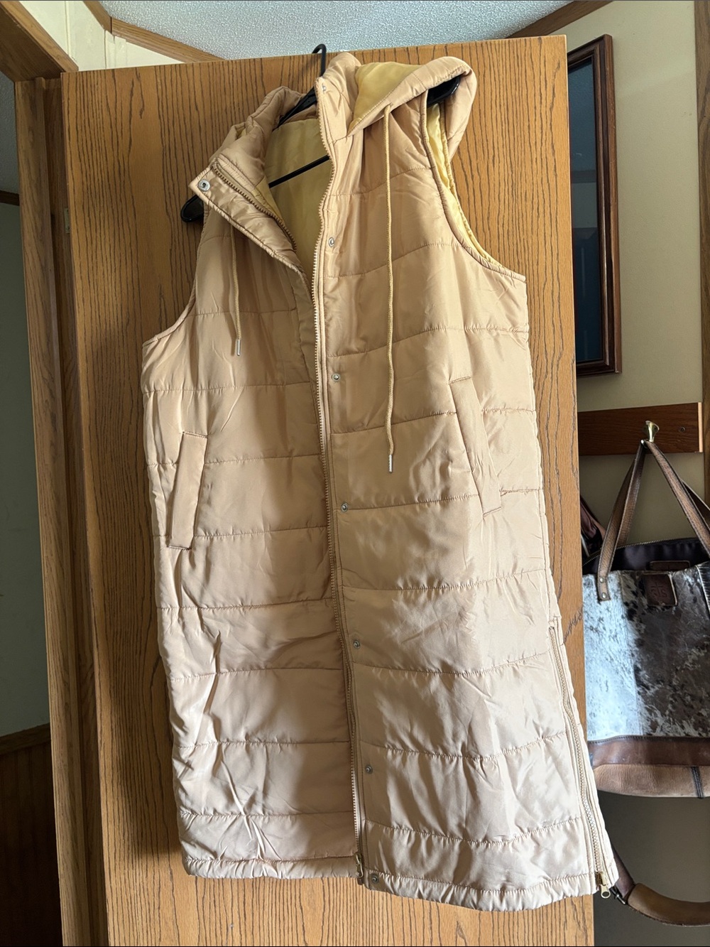Long tan vest with hood